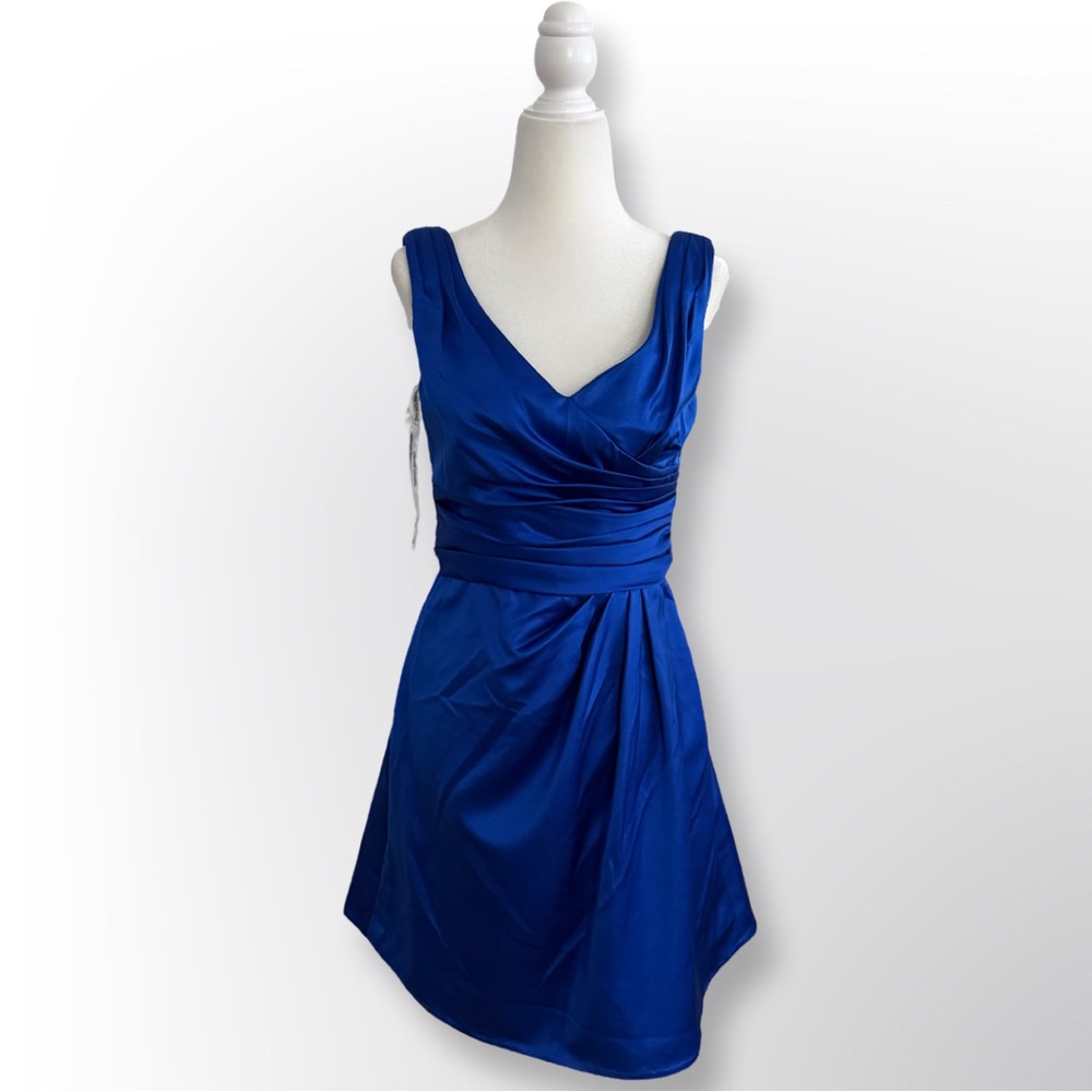 New With Tags! David’s Bridal Blue Satin V-Neck Dress | Size 2